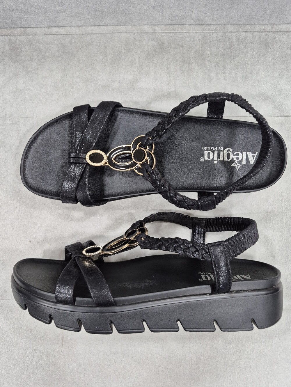 Alegria Roz sandals women's 40 US 9.5-10 black vegan metal T-strap stretch